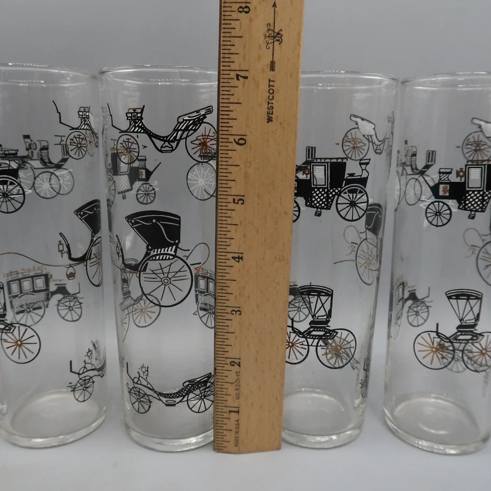 5 Vintage Libbey Black‎ Gold Carriage Drinking Glasses Highball Bar Tom Collins